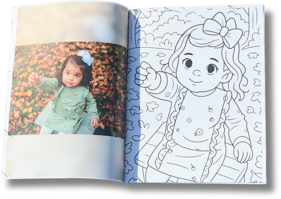 A family photo alongside its personalized coloring page in an open book